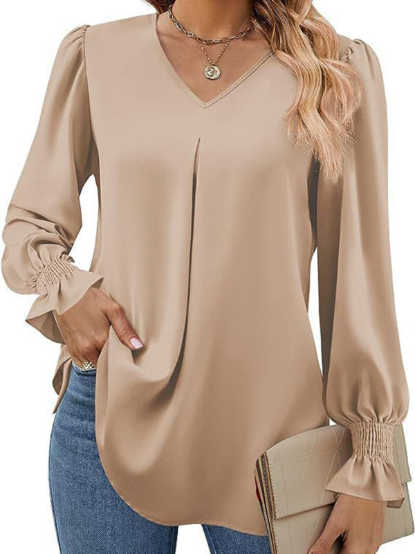 Khaki New solid color chiffon shirt V-neck pullover flared long-sleeved top shirt