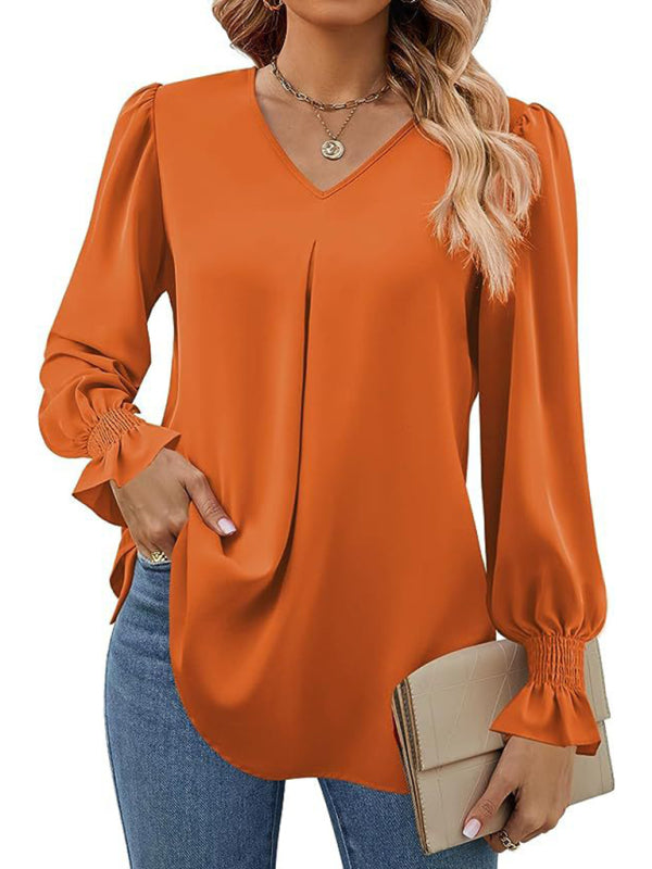 Orange New solid color chiffon shirt V-neck pullover flared long-sleeved top shirt