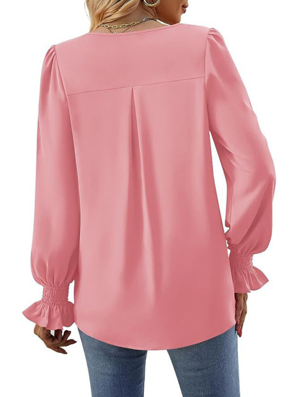 New solid color chiffon shirt V-neck pullover flared long-sleeved top shirt