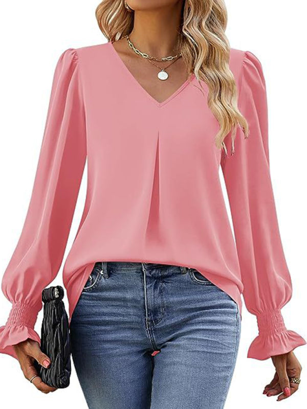 New solid color chiffon shirt V-neck pullover flared long-sleeved top shirt