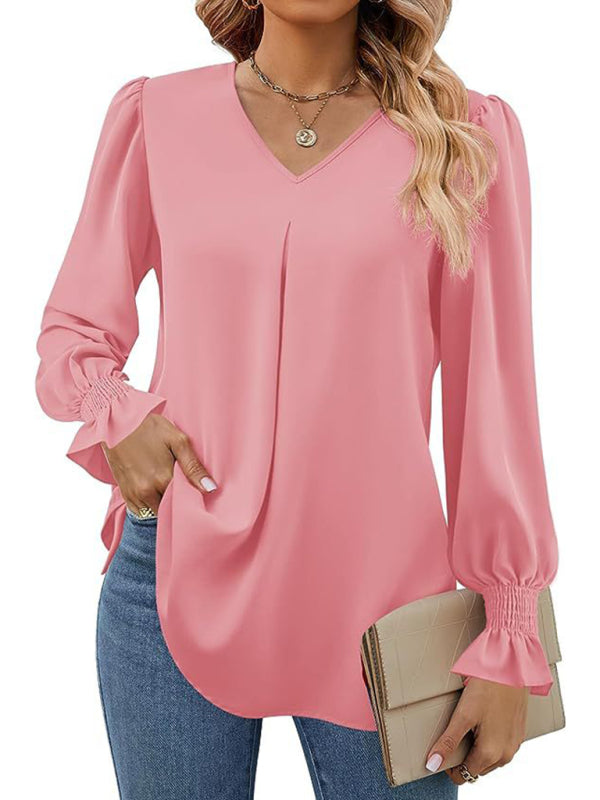 Pink New solid color chiffon shirt V-neck pullover flared long-sleeved top shirt