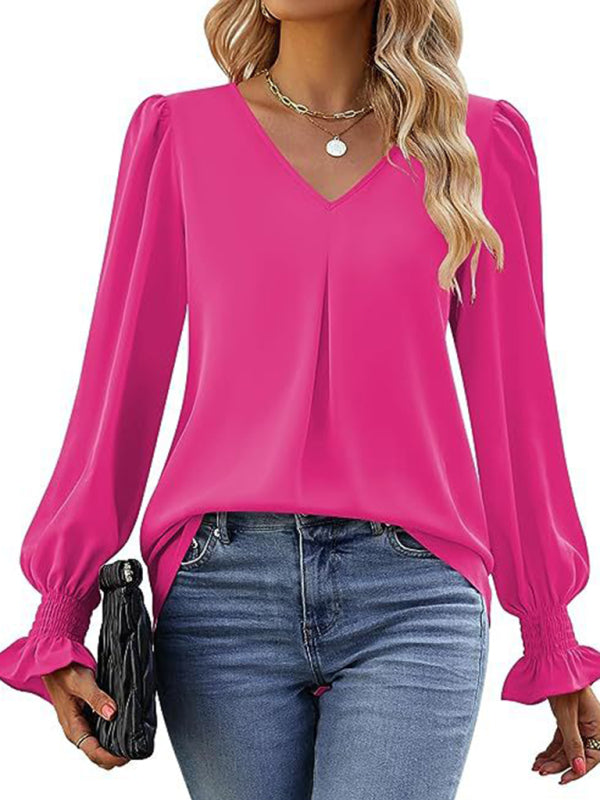 New solid color chiffon shirt V-neck pullover flared long-sleeved top shirt