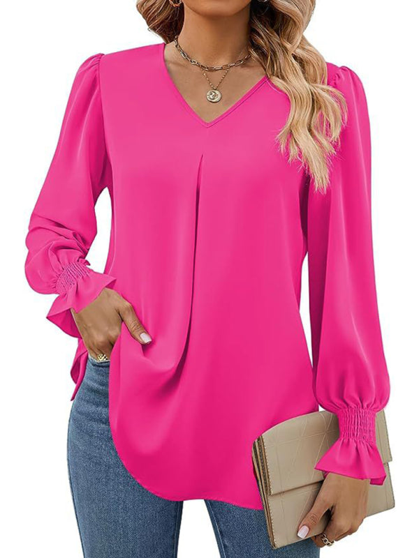 Rose New solid color chiffon shirt V-neck pullover flared long-sleeved top shirt