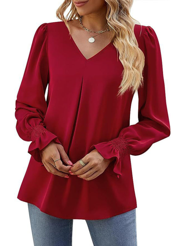 New solid color chiffon shirt V-neck pullover flared long-sleeved top shirt