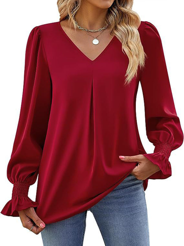 Wine Red New solid color chiffon shirt V-neck pullover flared long-sleeved top shirt