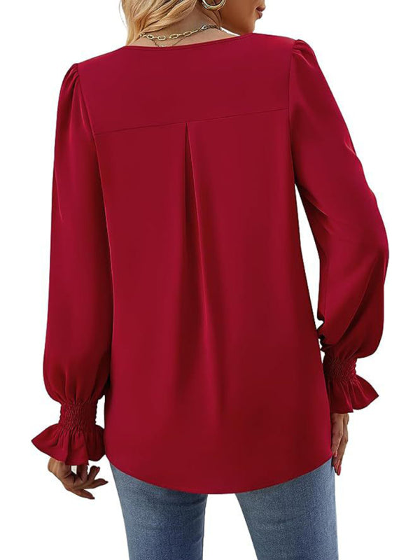 New solid color chiffon shirt V-neck pullover flared long-sleeved top shirt