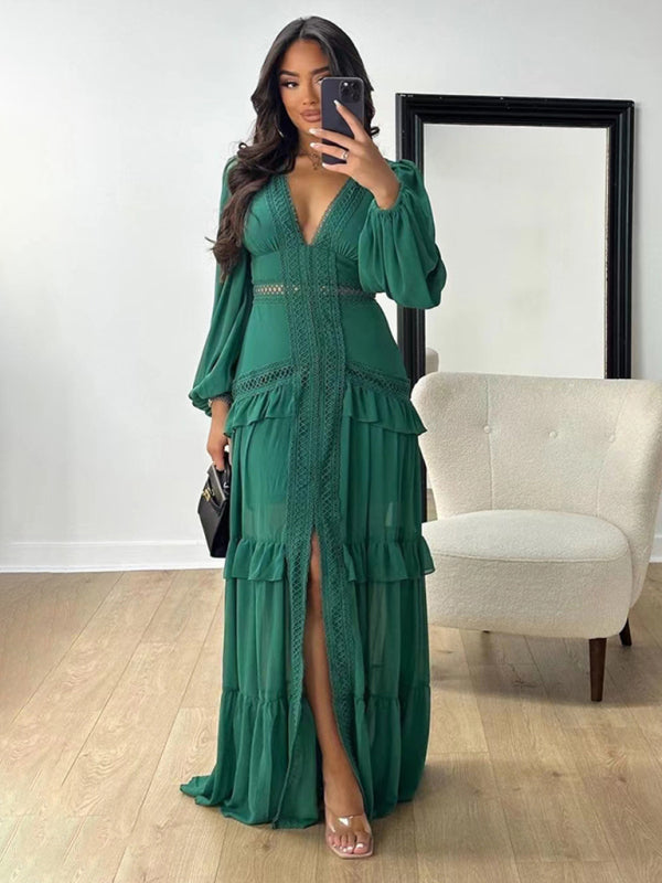 Deep green Elegant patchwork long sleeve V-neck dress