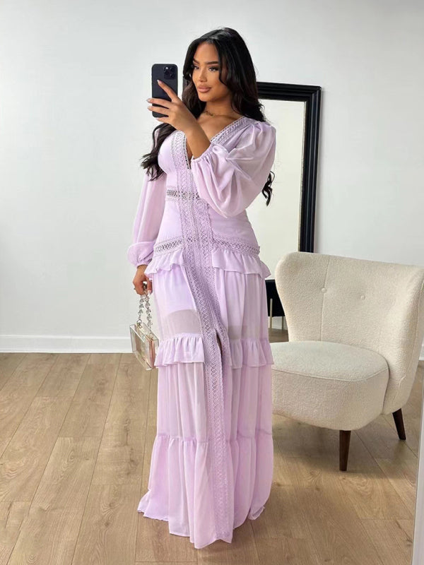 Lavender Elegant patchwork long sleeve V-neck dress